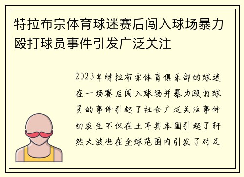 特拉布宗体育球迷赛后闯入球场暴力殴打球员事件引发广泛关注 特拉布宗体育球迷赛后闯入球场暴力殴打球员事件引发广泛关注