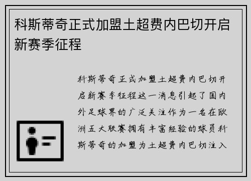 科斯蒂奇正式加盟土超费内巴切开启新赛季征程